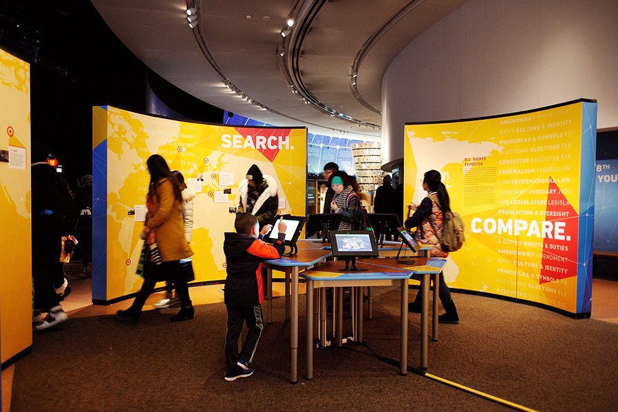 Museum visitors explore the Constitute exhibition on President's Day, February 16, 2015.